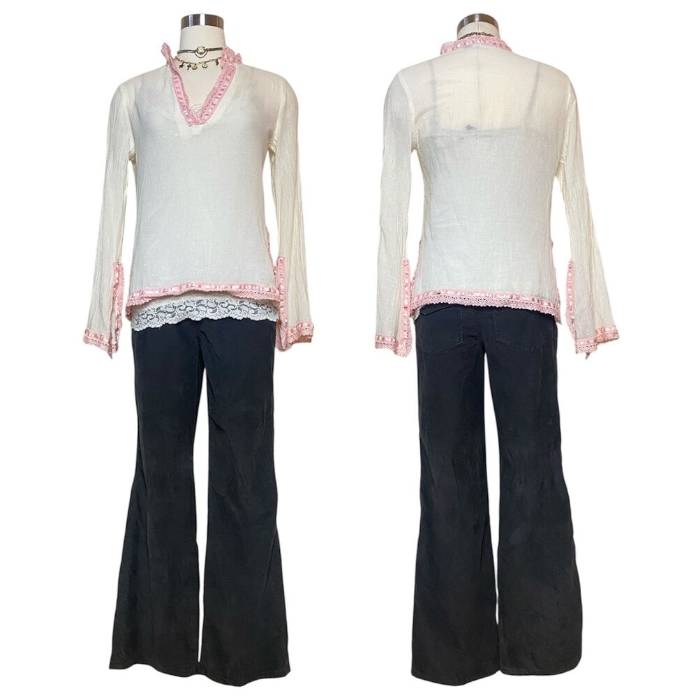 Bisou Bisou Sheer Crochet Pink White Tunic Blouse Top Cotton Gauze Coquette